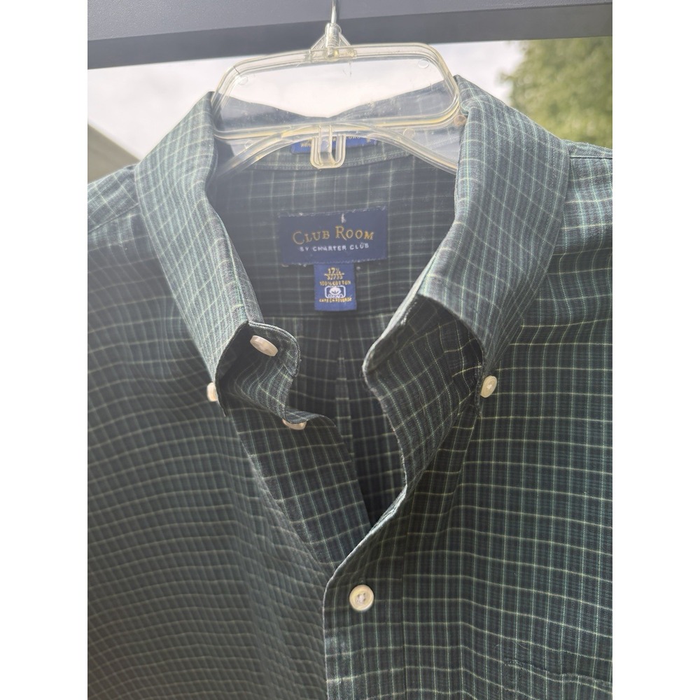 Club Room Charter Club Shirt Mens 17.5 32/33 Green Plaid Cotton Hong Kong. 5294